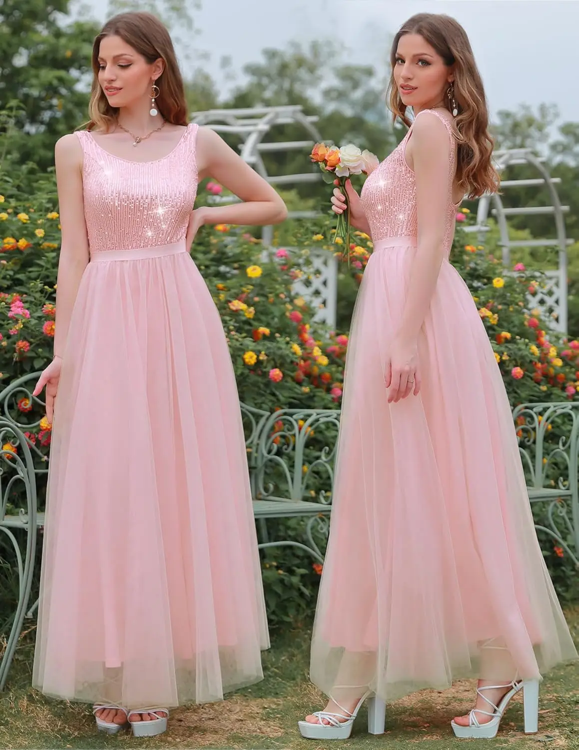 スパンコールドレス女性のためのヴィンテージ A ライン結婚式フォーマルスイングメッシュドレスノースリーブカクテルマキシドレス