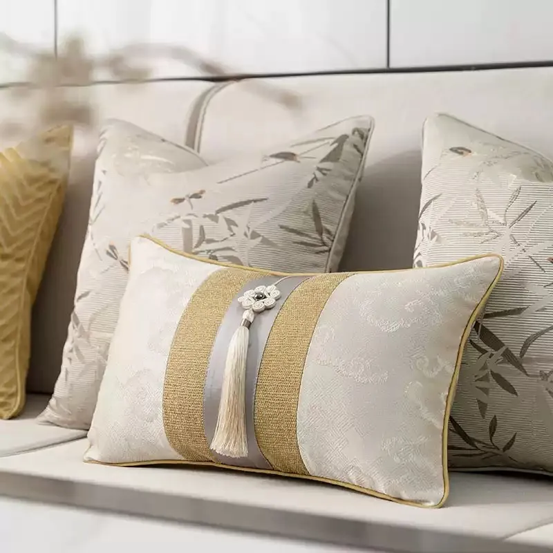 Chinese style yellow and beige pillowcase cushion cover Dragonfly  splicing tassel waist pillow cover