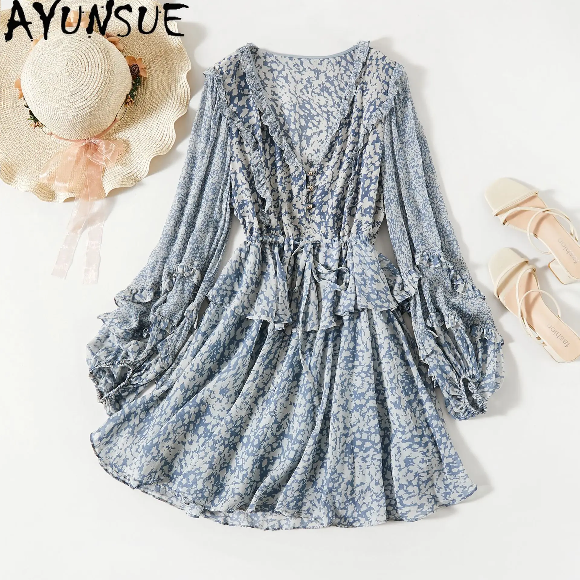 

AYUNSUE 100% Mulberry Silk Women's Dresses V-neck Long Sleeve Summer new in Dresses Elegant Dress woman clothes Vestidos Mujer