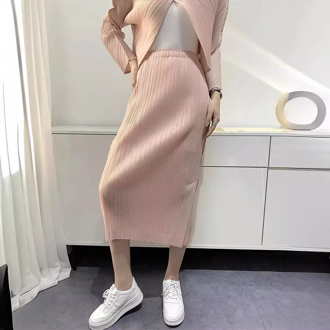 

Womens High Waist Pleated Midi Skirt Side Slit Busin Casual Polyester Fiber Summer Versatile Skirts Ele Agel