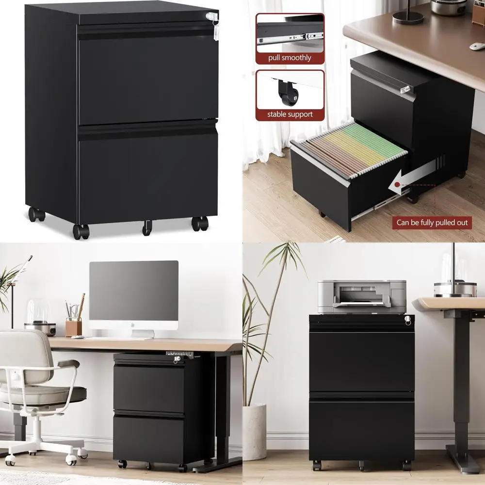 

Mobile Locking Metal File Cabinet on Wheels, 2 Drawers, for A4/Letter/Legal, Unassembled, Black