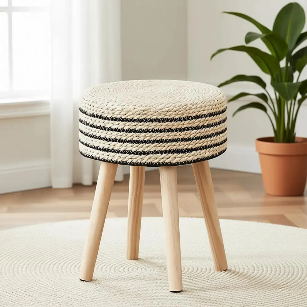 Natural Seagrass Ottoman with Solid Wood Legs, Handwoven Hyacinth Stool for Step or Seat in Living Room, Balcony, or Garden.