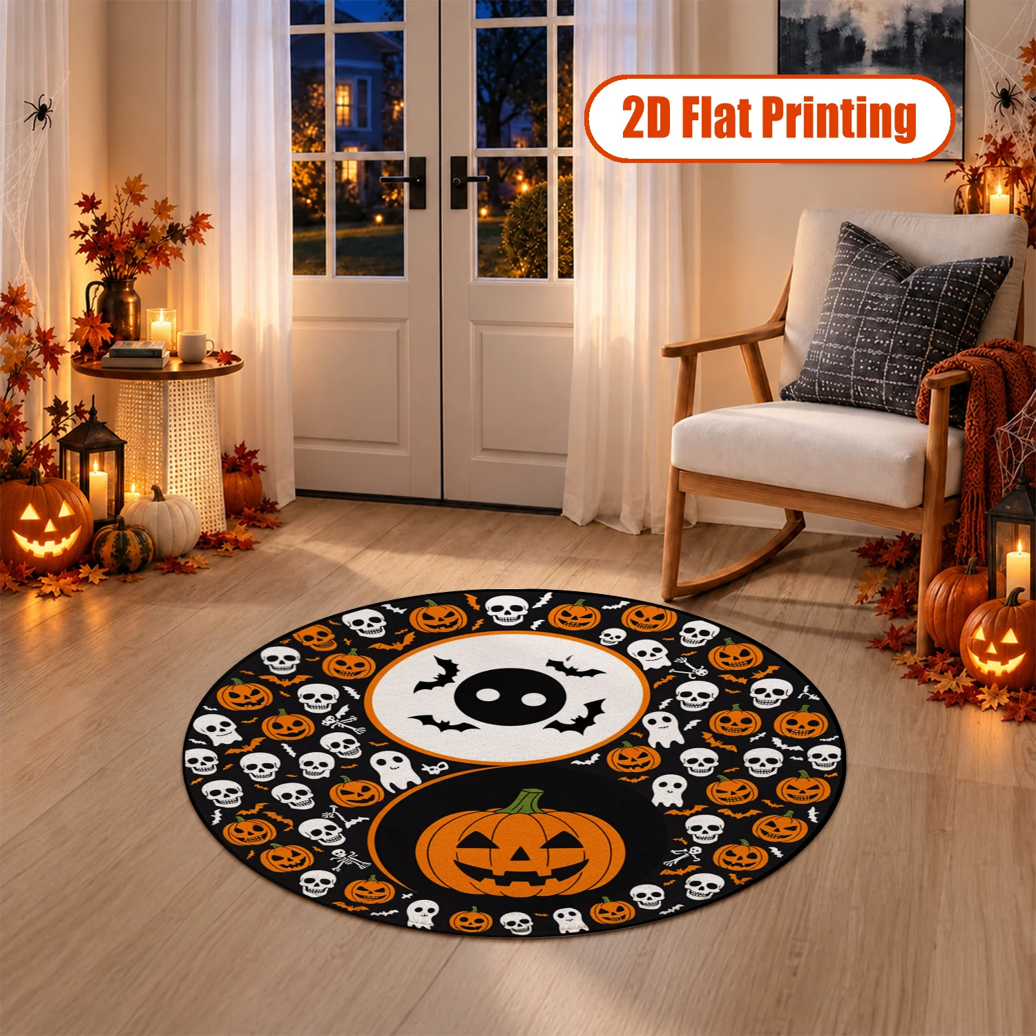 Halloween Skull Pumpkin Ghost Bat Pattern Soft Round Velvet Rug Machine Washable for Living Room Dining Room Entryway Ideal for Halloween Thanksgiving Christmas New Year Black Friday Cyber Monday