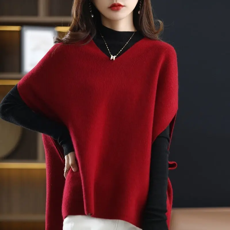 Autunno inverno nuovo maglione di cachemire imitazione gilet femminile con scollo a v manica a pipistrello tinta unita Versatile senza maniche vita