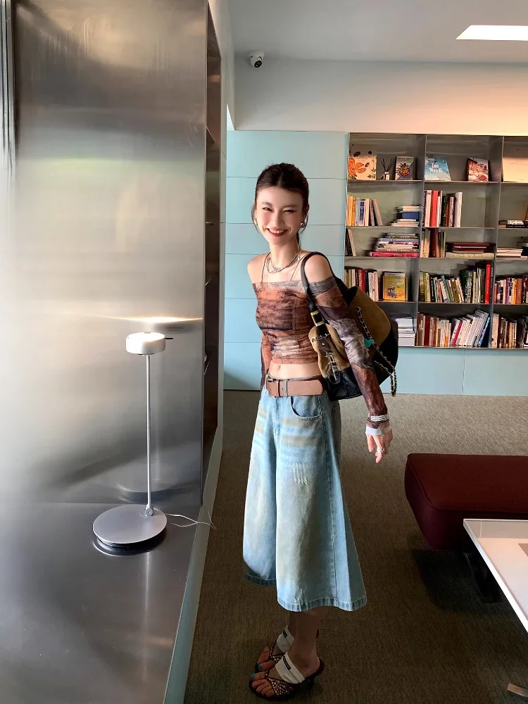 

Джинсы DULA High-End: американские, с эффектом потертости, повседневные, широкие, с низкой посадкой, синие, свободные, летние, укороченные (7/8)