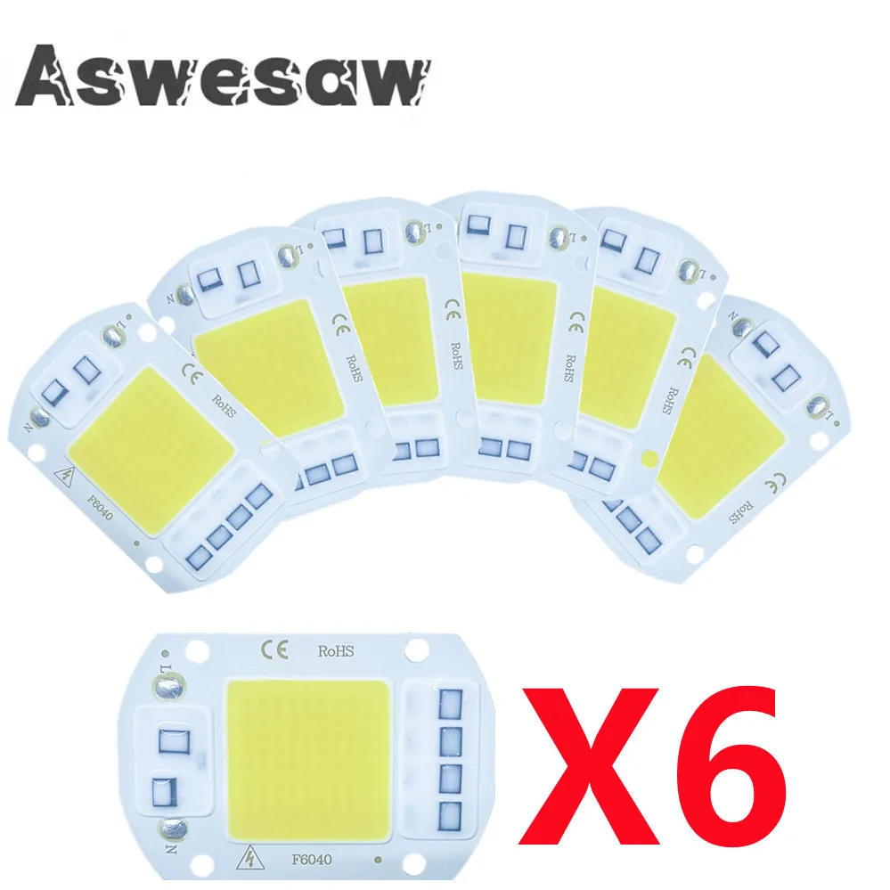 6 unids/lote chip LED 20W 30W 50W AC 220V lámpara COB inteligente cuentas lámpara LED sin controlador DIY Lampada chip para exteriores reflector de luz