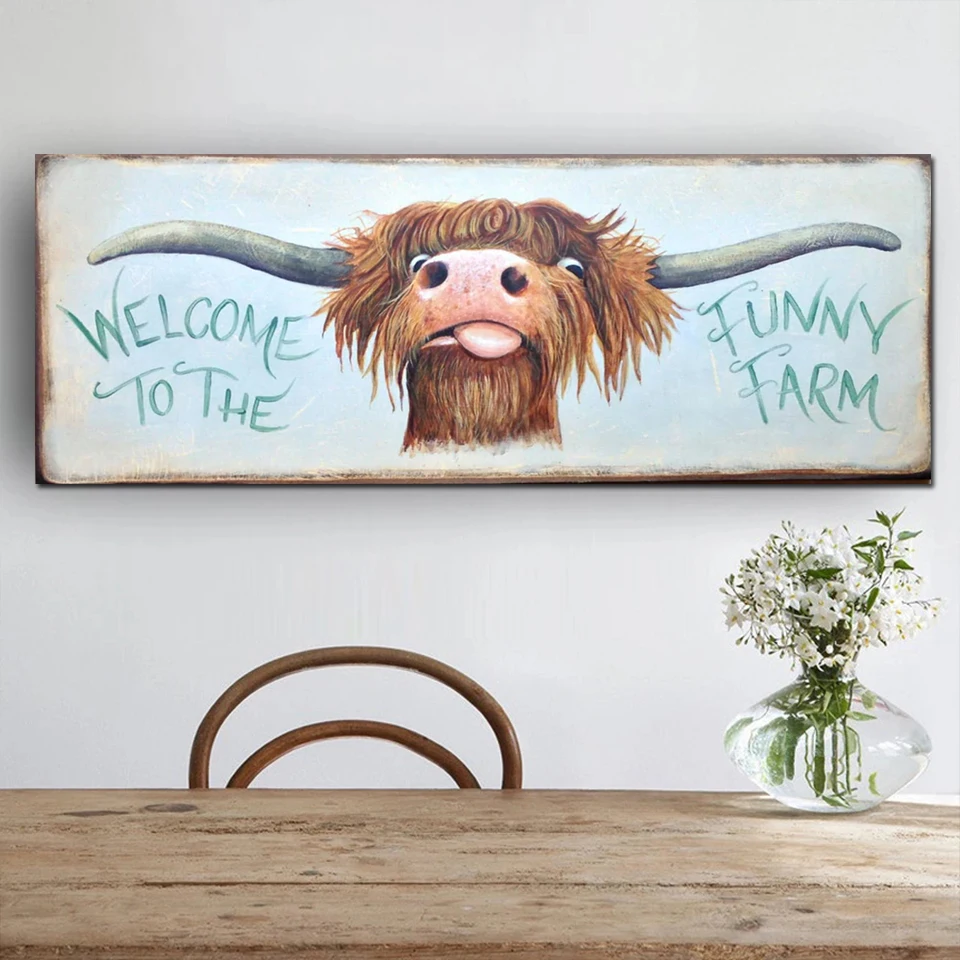 

Diamond Mosaic Highland Cow Welcome to the Funny Farm DIY Diamond Painting Wild Animals Cross Stitch Kits Crystal Art Decor Gift