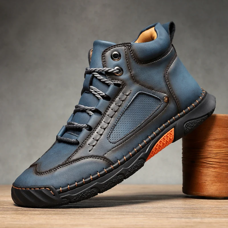 

Large size men's leather boots, men's stitched shoes, ankle boots, flat-soled lace-up boots, outdoor high-top shoes
