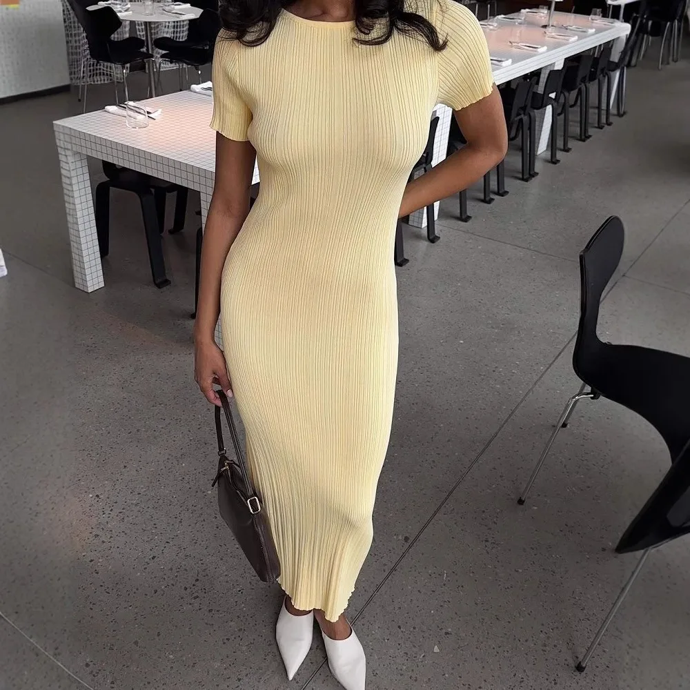 

Модное облегающее хлопковое трикотажное платье для женщин на весну и лето, элегантное, с вертикальной текстурой, для повседневной носки, офиса, путешествий, с коротким рукавом