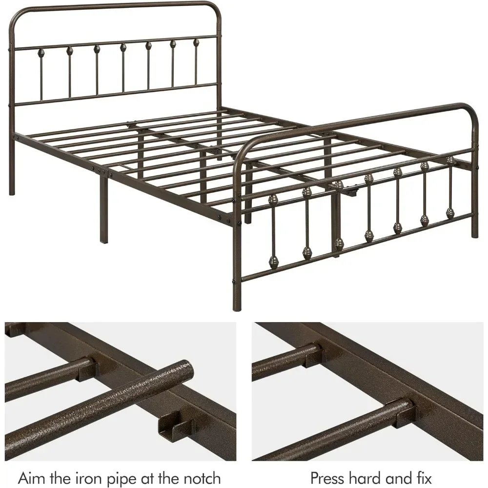 Iron Art Headboard para armazenamento sob a cama, plataforma metálica clássica, fundação do colchão com estilo vitoriano