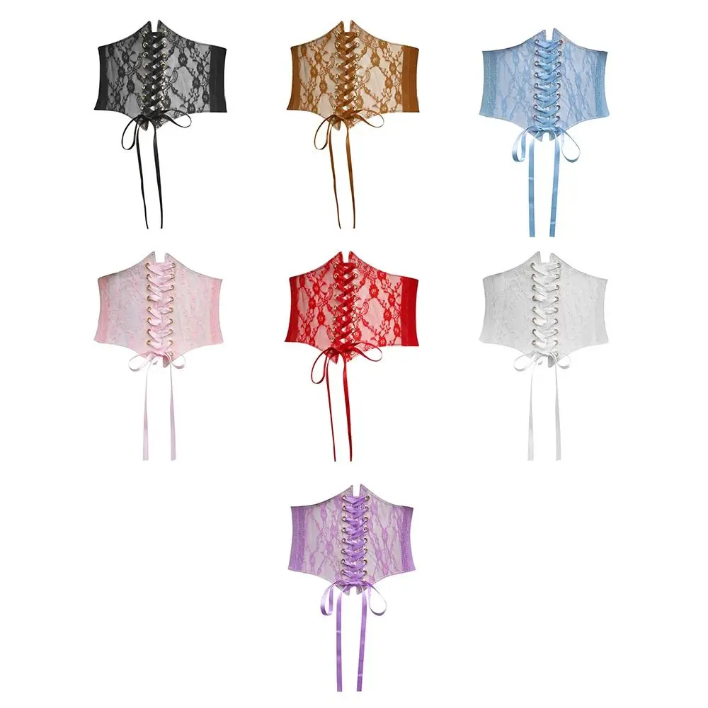 Wide Lace Corset Waist Belt Flower Embroidery Stretchy Waistband Strap PU Leather DIY Slimming Body Belts