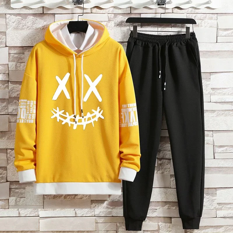 Hoodie Set Spring and Autumn Youth Large Print Smiling Face New Hoodie Set Hat Casual Edition Trendy Loose Men Designer Clothes