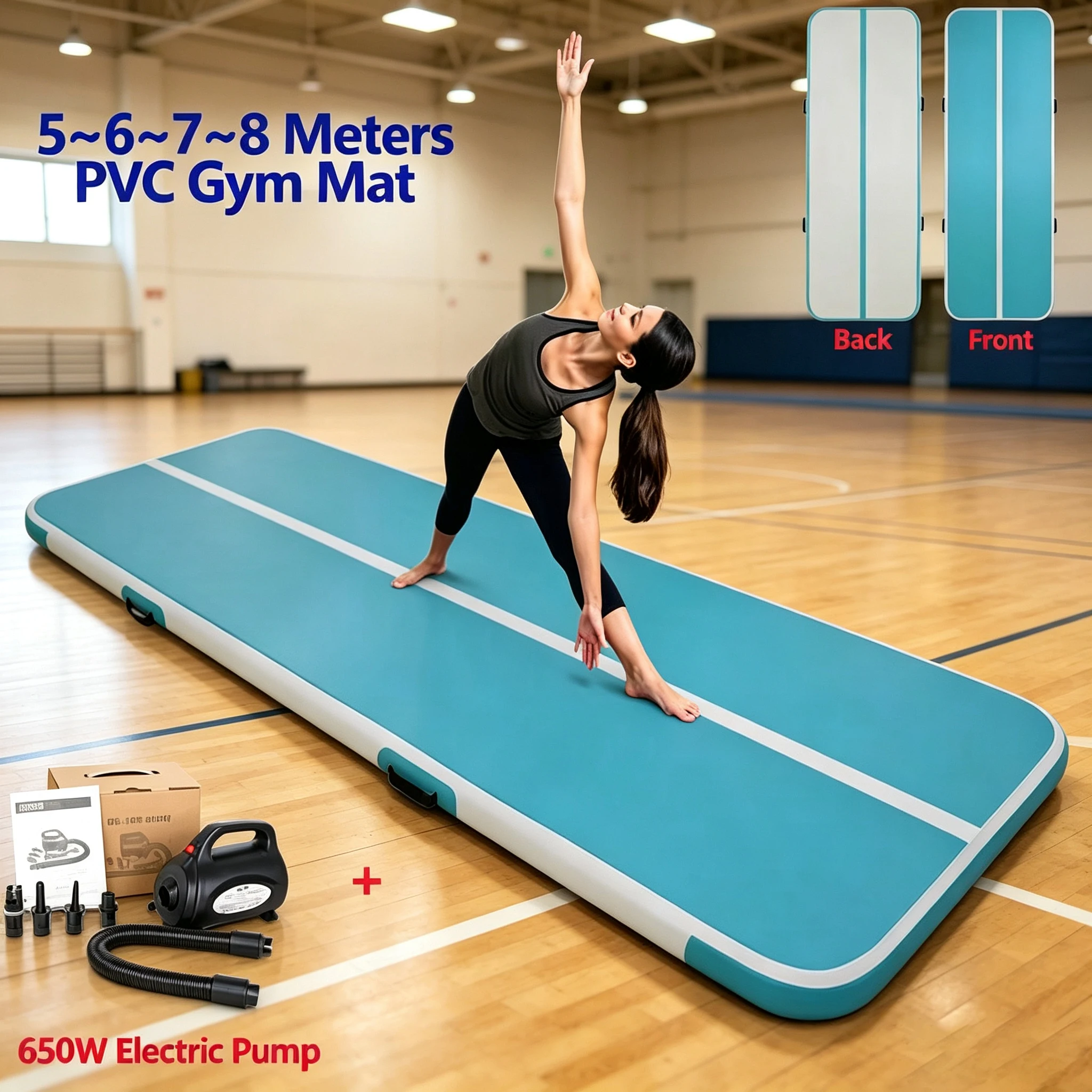 Inflatable Gymnastics Air Track Mat PVC Tumbling Air Mat with Air Pump for Yoga Home Gym Training Indoor Sport Fitness Practice