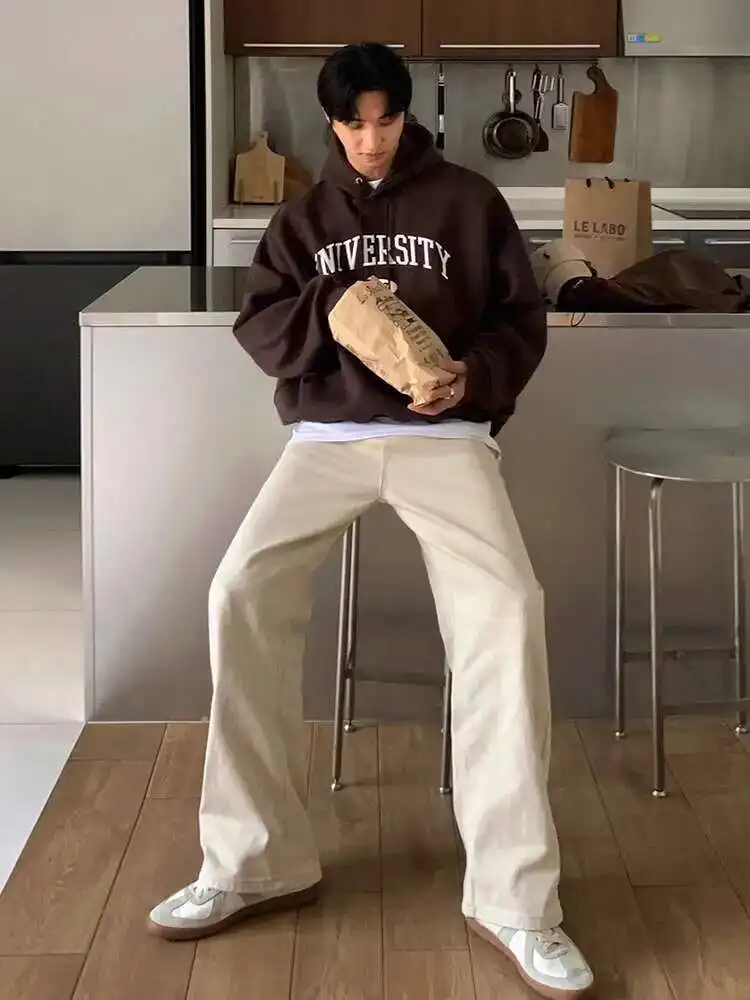 2025 ฤดูใบไม้ร่วงกางเกงยีนส์ผู้ชายกางเกงเกาหลีสไตล์วินเทจสีทึบชายหลวมตรงขากว้าง Draped Cargo กางเกง