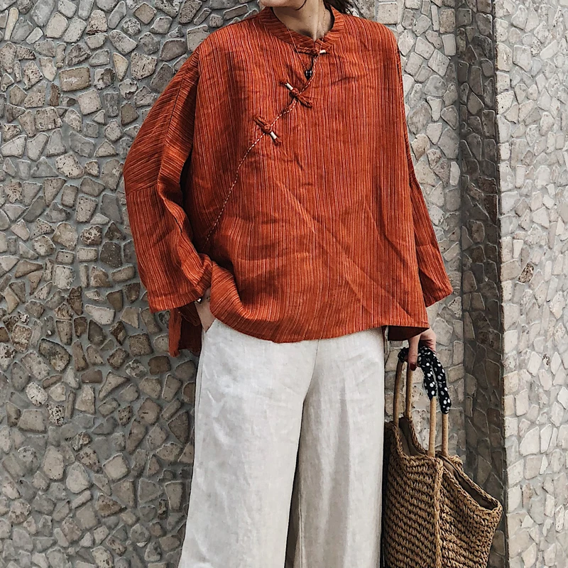 

Spring Summer New Women's Large Size Striped Ethnic Sle Hanfu Button Cotton Linen Long Sve irt Korean Version round Ne