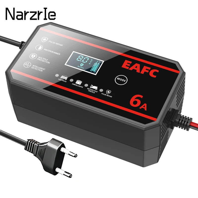 

6A 12V Smart Intelligent Car Battery Charger Motorcycle Battery Charging Unit Lead-Acid LiFePO4 Battery Repair LCD Display