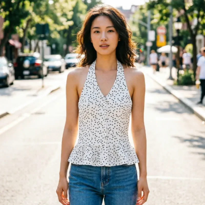 

2026 Spring New Fashion Sexy Polka Dot Ruffle Halter Cami
