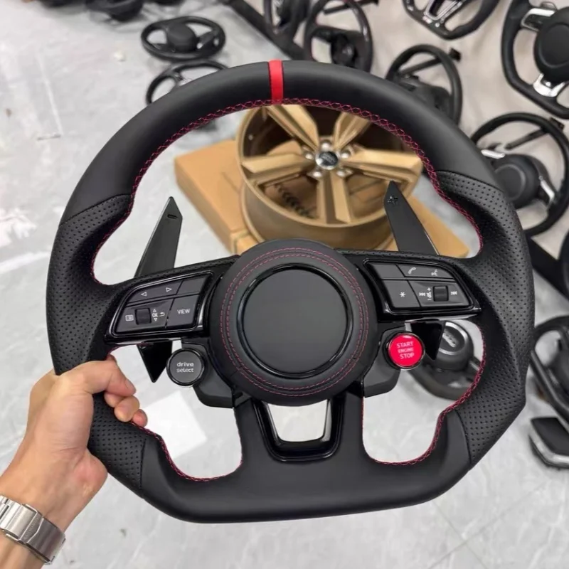 Customized Car Steering Wheel With R8 Button For Audi A3 A4 A5 A6 A7 A8 A4L A6L B6 B7 Q5 Q7 Q8 TT R8 RS Leather Steering Wheel
