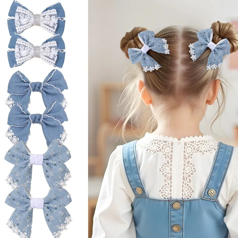 

Набор из 36 синих джинсовых заколок для волос с бантиками для девочек, блестящие заколки с пайетками, детские аксессуары для волос, кружевные цветочные заколки-зажимы, детские украшения для головы
