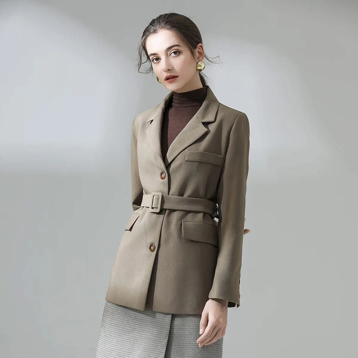

Ele Loose Women's Suit Jaet for Commuting Early Spring Faion Belted Straight Cut Long Sve Polyester Coat