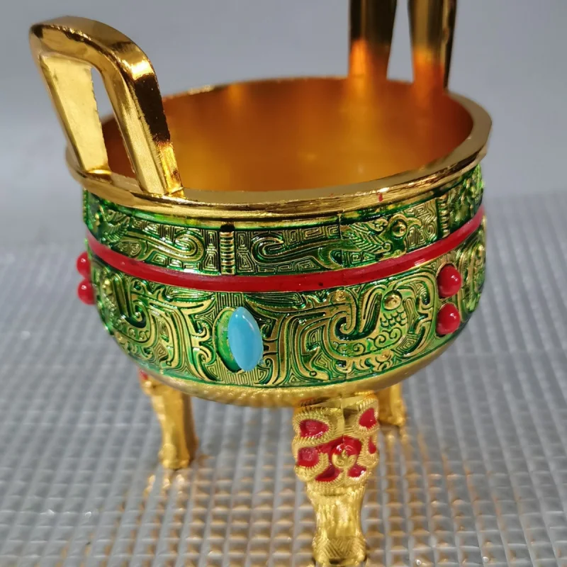 Early Years White Copper Silver-Plated Tripod Double-Ear Incense Burner Relief Dragon Tripod Inlaid Gem Incense Printing Antique