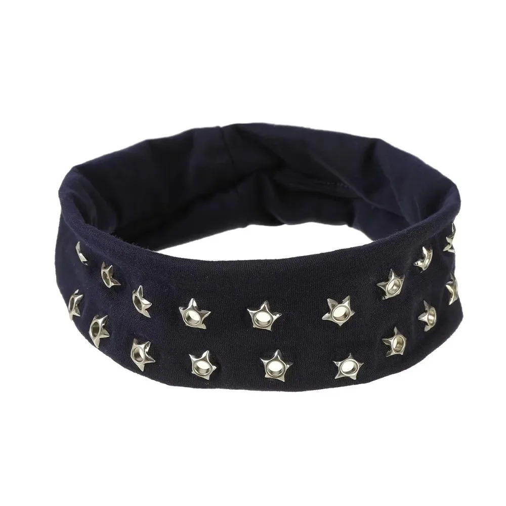 

Casual Metal Rock Hollow Eyelet Elastic Headband Fabric Star Hollow Eyelets Hair Bands Wide Air Eye Studded Headbands Punk