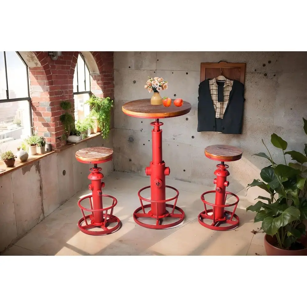 

Retro Round Pub Table Set with 2 Antique Red Counter Height Stools