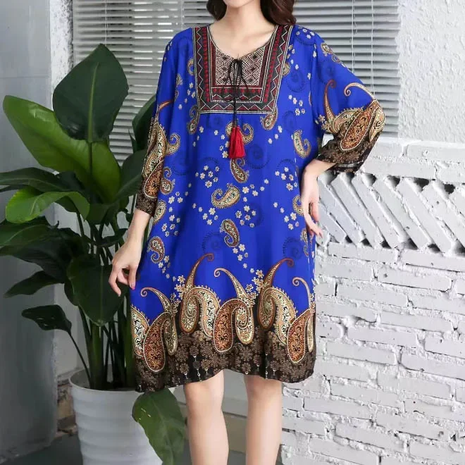 Indian Short Dress Women Midi Print Floral Casual Oversize Bohemian Loose Embroidered Flowers Round Neck Beach Holiday Vestidos