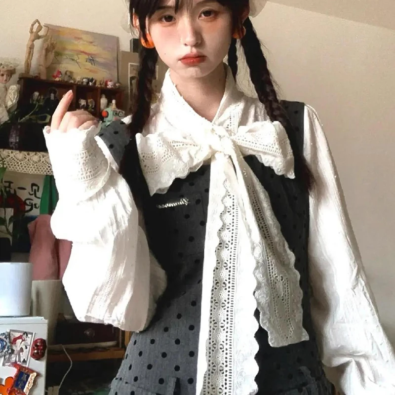 Ensemble 2 pièces en dentelle à pois doux: chemisier doux à manches longues avec nœud Vintage + robe Lolita plissée à bretelles d'inspiration Harajuku Jk