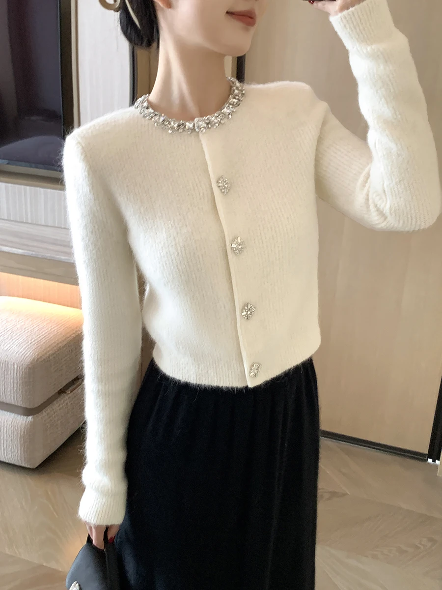 

High-End Autumn Knitted Top Diamond Decorated Collar Anti-Aging Versatile Ele Sle Long Sve Round Ne Sweater Coat