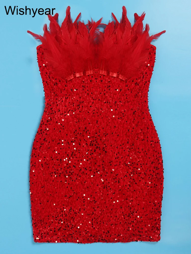 Wishyear-Mini Robe à Paillettes Rouge pour Femme, Tenue Courte Dos aux, ixd'Anniversaire, Club, Luxe