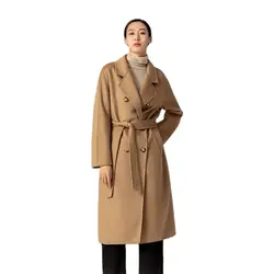 Women's Mid-Length Wool Coat with Slant Pockets Water Ripple Cashmere Coat Camel Lace-Up Button Black Casual JacketAutumn Winter