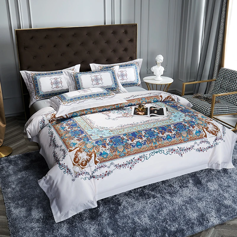 White Egyptian Cotton Bedding Sets Luxury Digital Printing Duvet Cover Bed Sheet Pillowcases King Queen Size Home Textile
