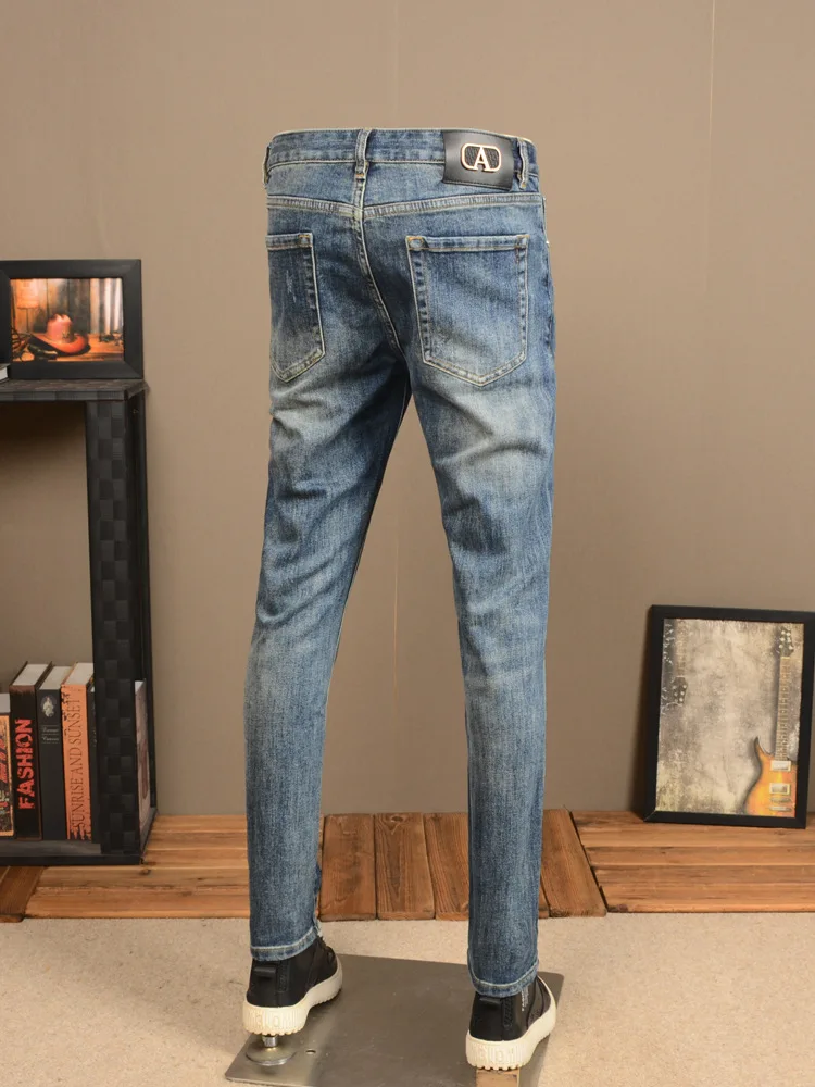 Stretch Casual Jeans Men's Spring and Autumn Fashionable Slim High-End Printed Retro Affordable Luxury Washed Skinny Pants