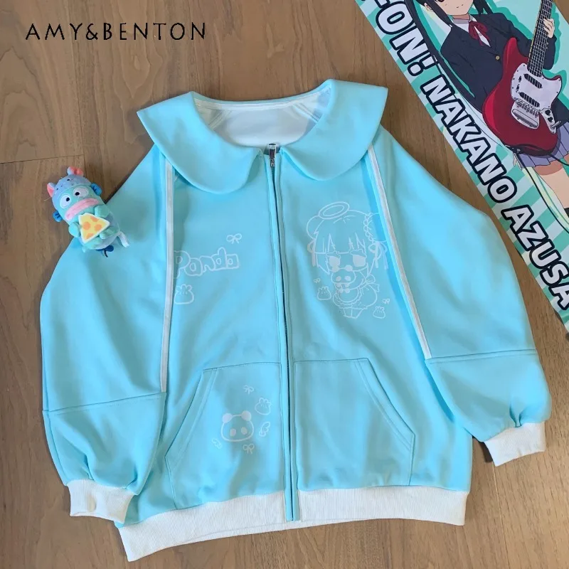 New Japanese Cute Two-dimensional Lake Blue Cartoon Embroidery Crew Neck Autumn Color Matching Long Sleeves Jacket For Girls