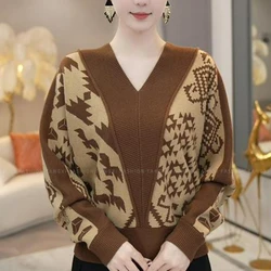 Women's Stylish Vintage Elegant Patchwork Knitted Sweater Autumn Winter Ladies V Neck Long Sleeve Pullovers Casual Loose Jumper
