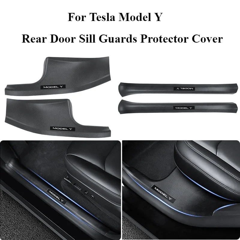 4pcs Car Anti-Dirty Bumper Kick Pad For Tesla Model Y Carbon Fibre ABS Rear Door Sill Guards Inner Protector Plate Cover Trim