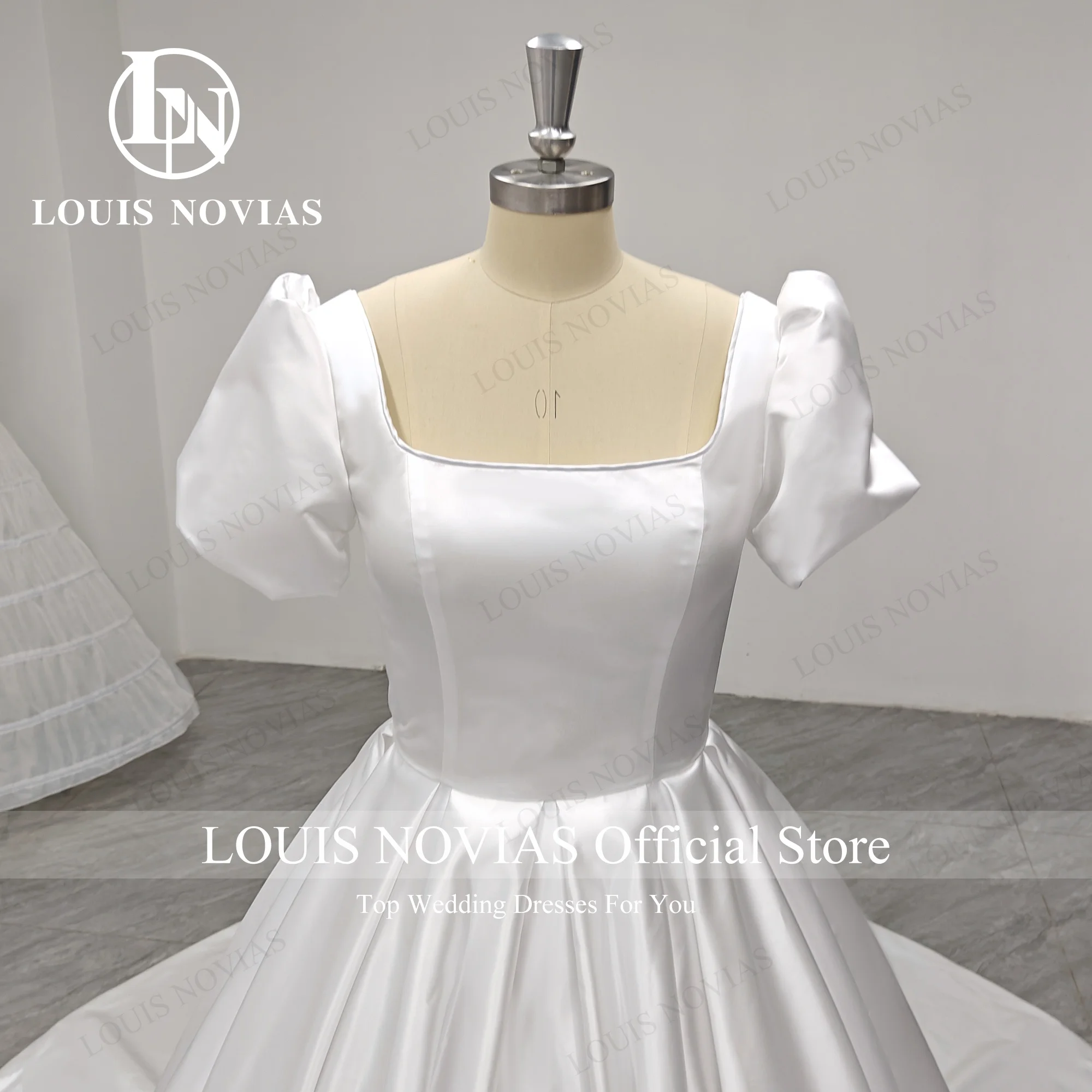 

LOUIS NOVIAS Satin Wedding Dress 100% Real photos Puff Sleeve Backless Court Train Simple Ball Gown Bride Gown Vestidos De Novia