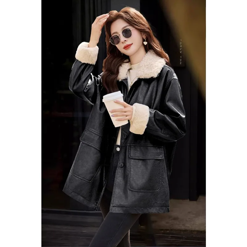 Fashion Women's Wear New Mid-length Women's Mid-length Coat Fur Collar Fleece Autumn Winter Versatile Casual Warm Top Commuting
