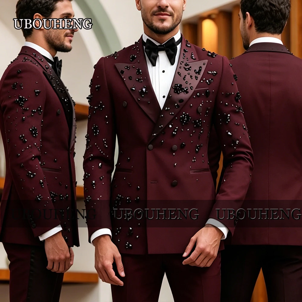 

Elegant Beaded Stones Wedding Suit For Man Double Breasted Jacket Trousers 2 Piece Sets Groom Tuxedo Formal Wear Attire Outfits