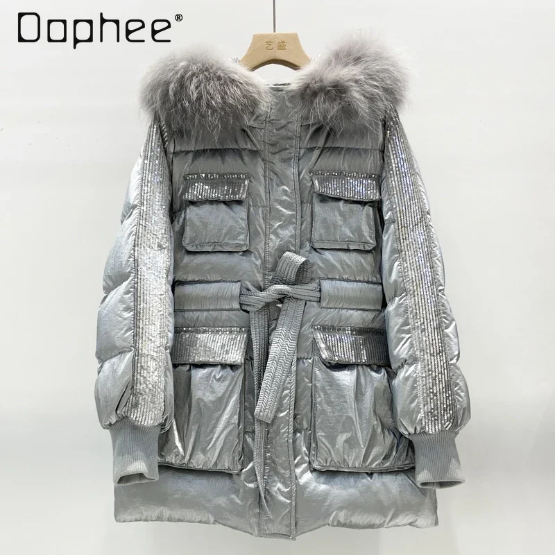 Silver Down Coats for Women Big Fur Collar Sequin Hooded White Duck Down Lace Up Multi Pocket Warm Jacket Casual Outerwear