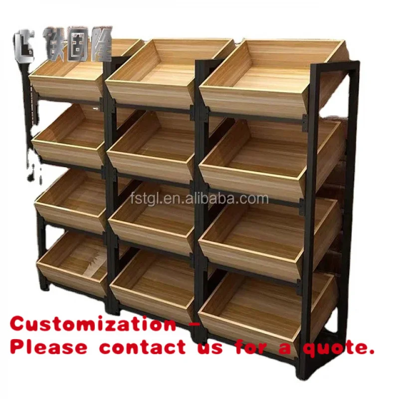 

Customize.Sturdy 4-Tier Wooden Display Rack With Metal Supports: Elevate Your Supermarket's Fruit & Veggie Presentation
