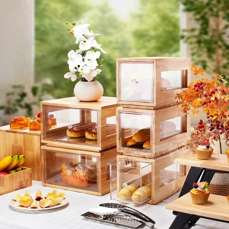Solid wood transparent bread box toast display box acrylic drawer buffet display rack bread plate