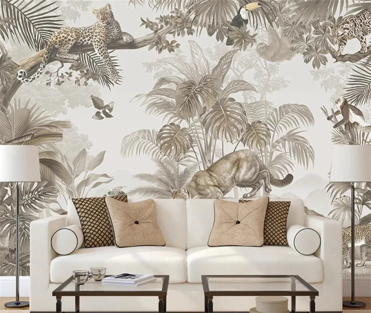 Custom hand drawn wallpaper for children's rooms, tropical jungle animal wallpaper, environmentally friendly custom wall coverin