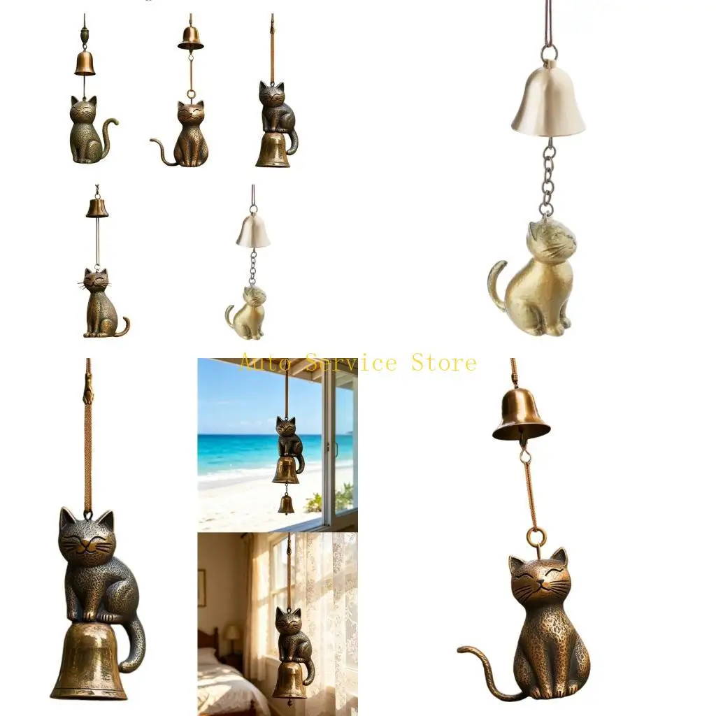 462A Copper Cats Wind Chimes Car Rearview Hanging Ornament with Bells for Home