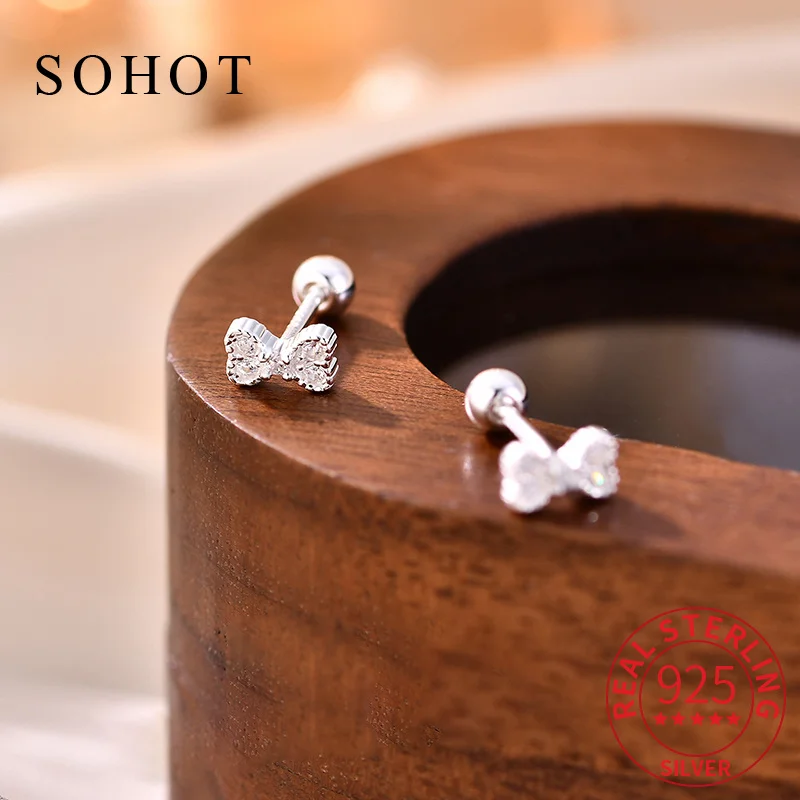 Real 925 Sterling Silver Elegant Cute Zircon Bowknot Stud Earrings for Charm Women Piercing Fine Jewelry Daily Accessories