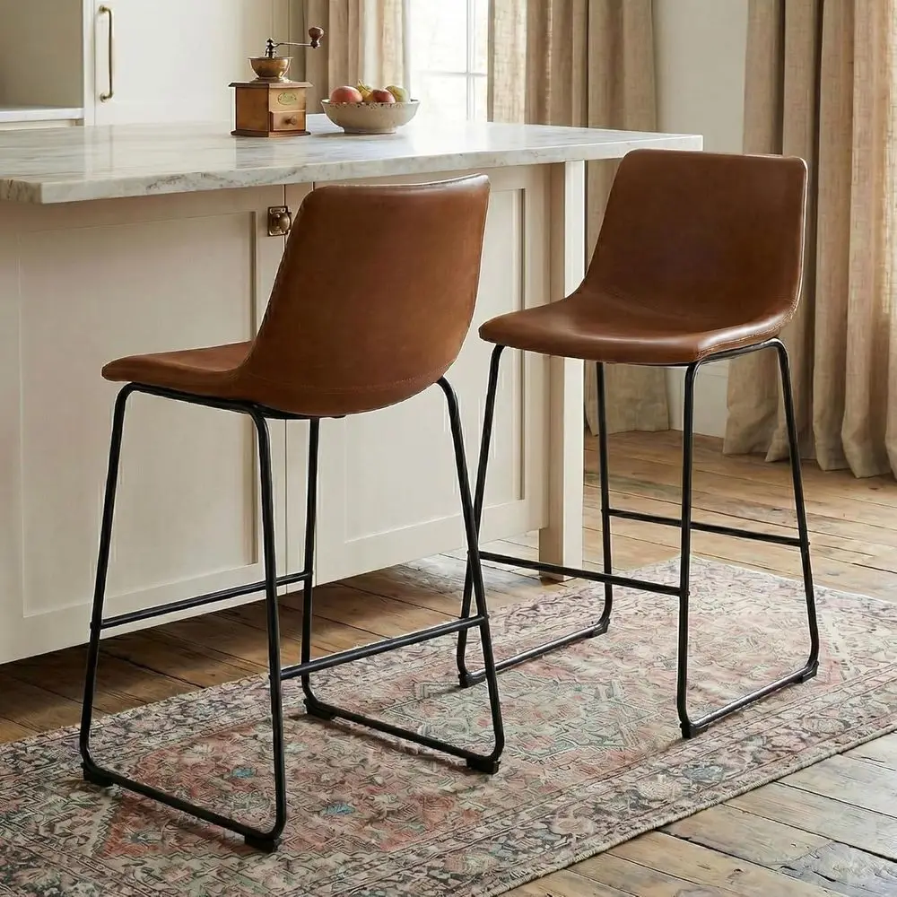 Counter Height Leather Bar Stools with Metal Legs and Footrest (2pcs, Brown, 26in)
