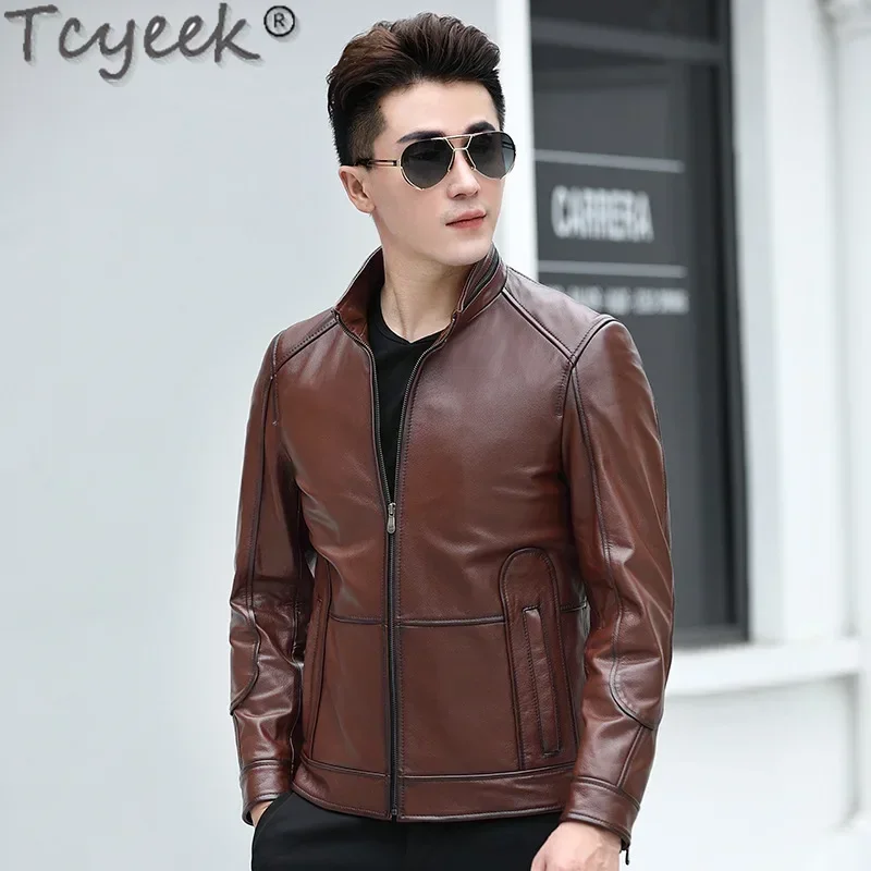 Tcyeek Real Leather Jacket Men Spring Autumn Clothes Natural Cowhide Coats Motocycle Jackets Mens Leather Coat Jaqueta Couro