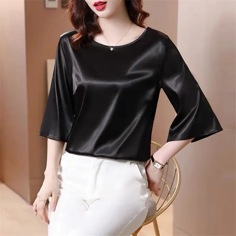 2024 Spring and Autumn New All-match O-neck Three-quarter Flared Sleeve Acetate Satin Blouse tops Basic simple ice silk shirts