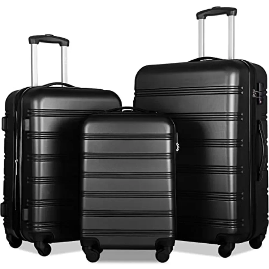 Luggage Set for travel, lightweight hard case with spinner wheels, black, airline-approved carry-on, 3-piece set